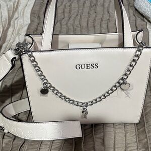 GUESS Cream Satchel with Silver Chain Charm